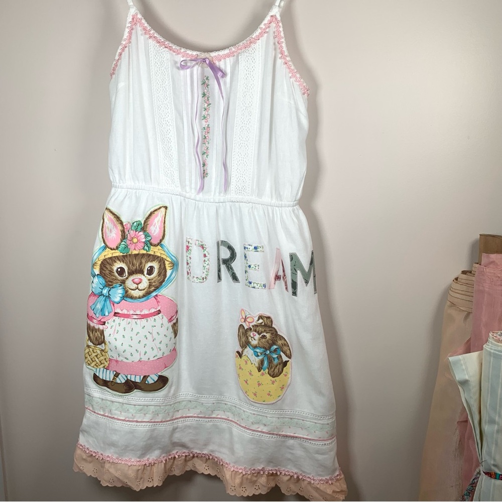 UPCYCLED Linen Coquette Bunnies Appliqué Girly Dress